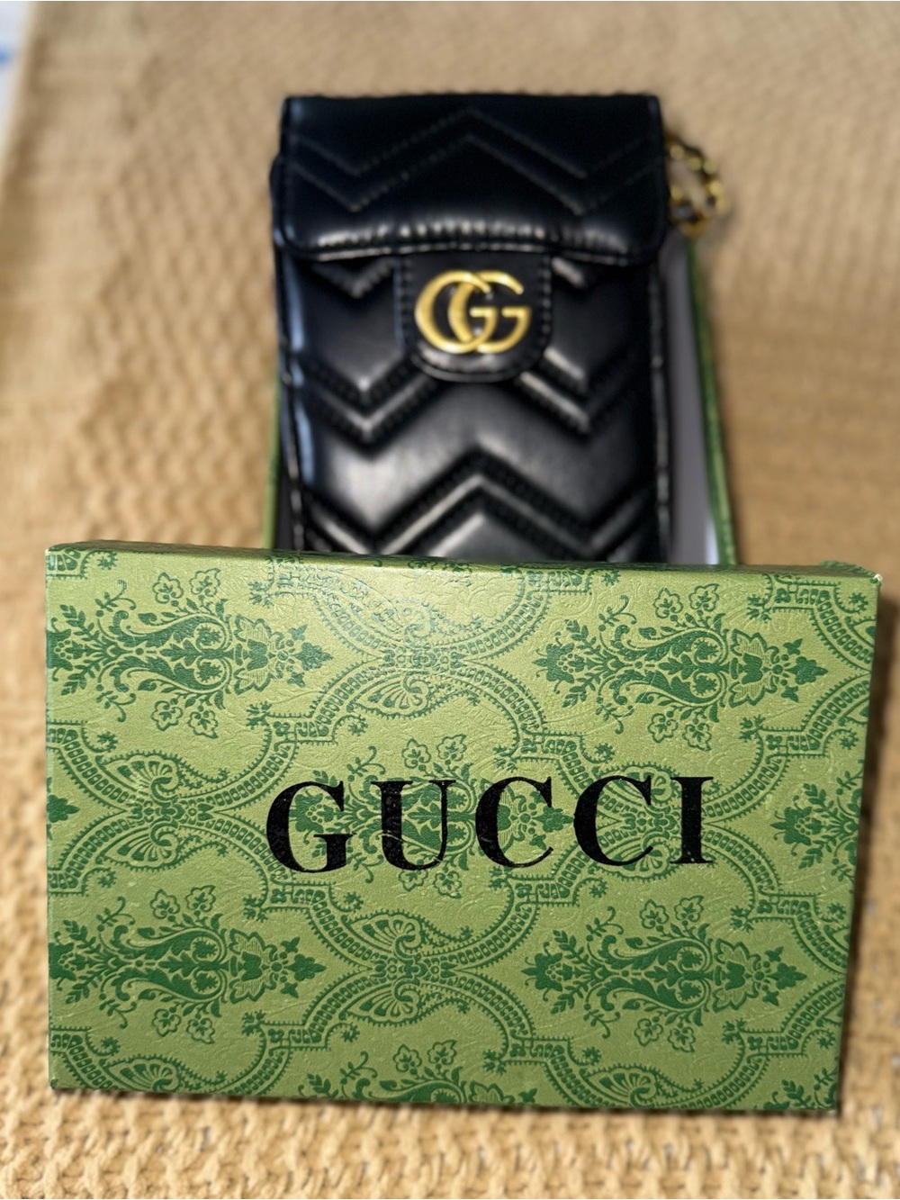 Gucci Black Chevron Quilted Leather Phone Bag  with Gold GG